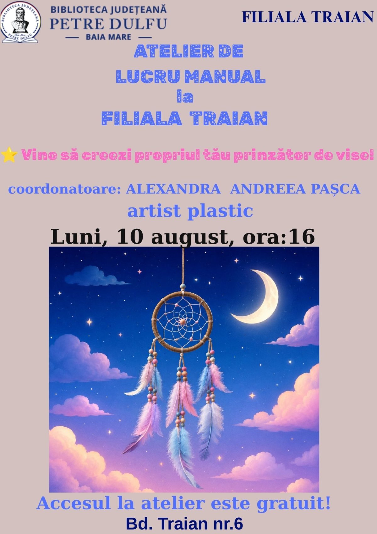 Atelier gratuit de lucru manual la Filiala Traian a Bibliotecii Județene, luni de la ora 16