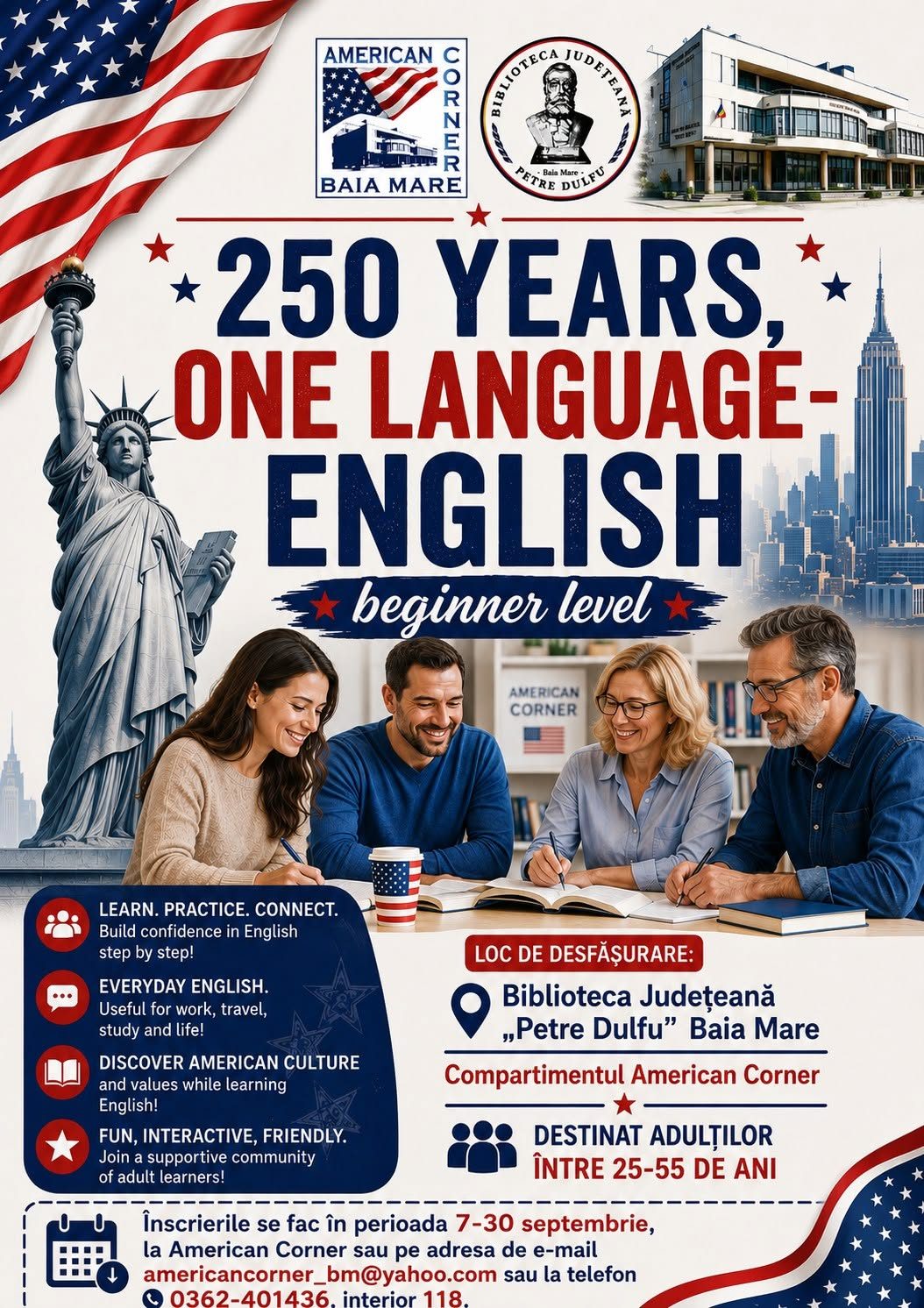 Curs gratuit de limba engleză pentru adulți la American Corner: înscrieri până pe 30 septembrie