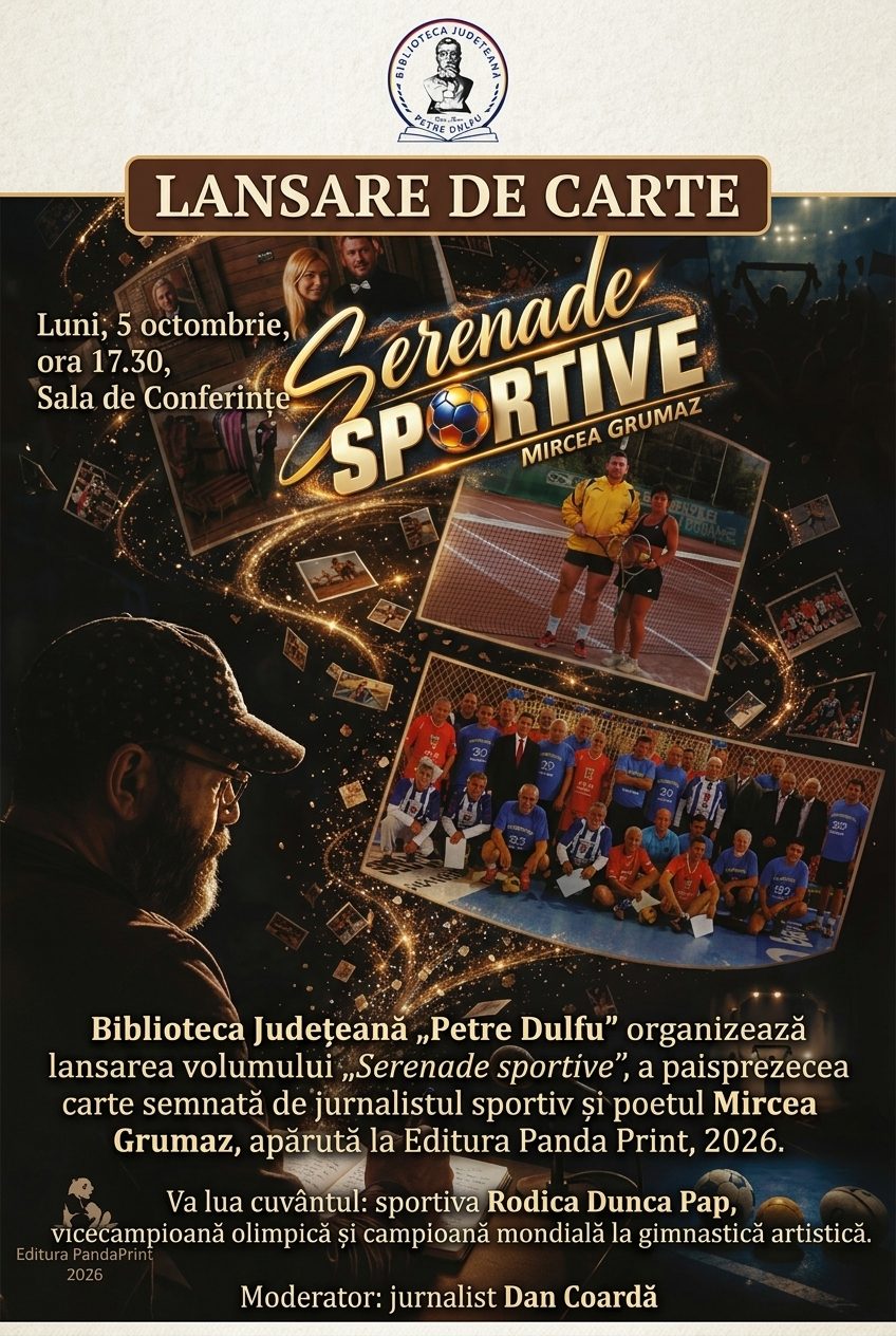 Mircea Grumaz își lansează a 14-a carte, „Serenade sportive”, luni, 5 octombrie, la Biblioteca Județeană din Baia Mare