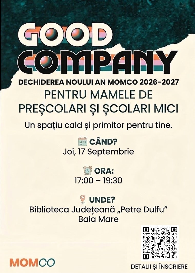 Noul an al programului MomCo „Good Company” pentru mame se deschide joi, 17 septembrie, la Biblioteca Județeană